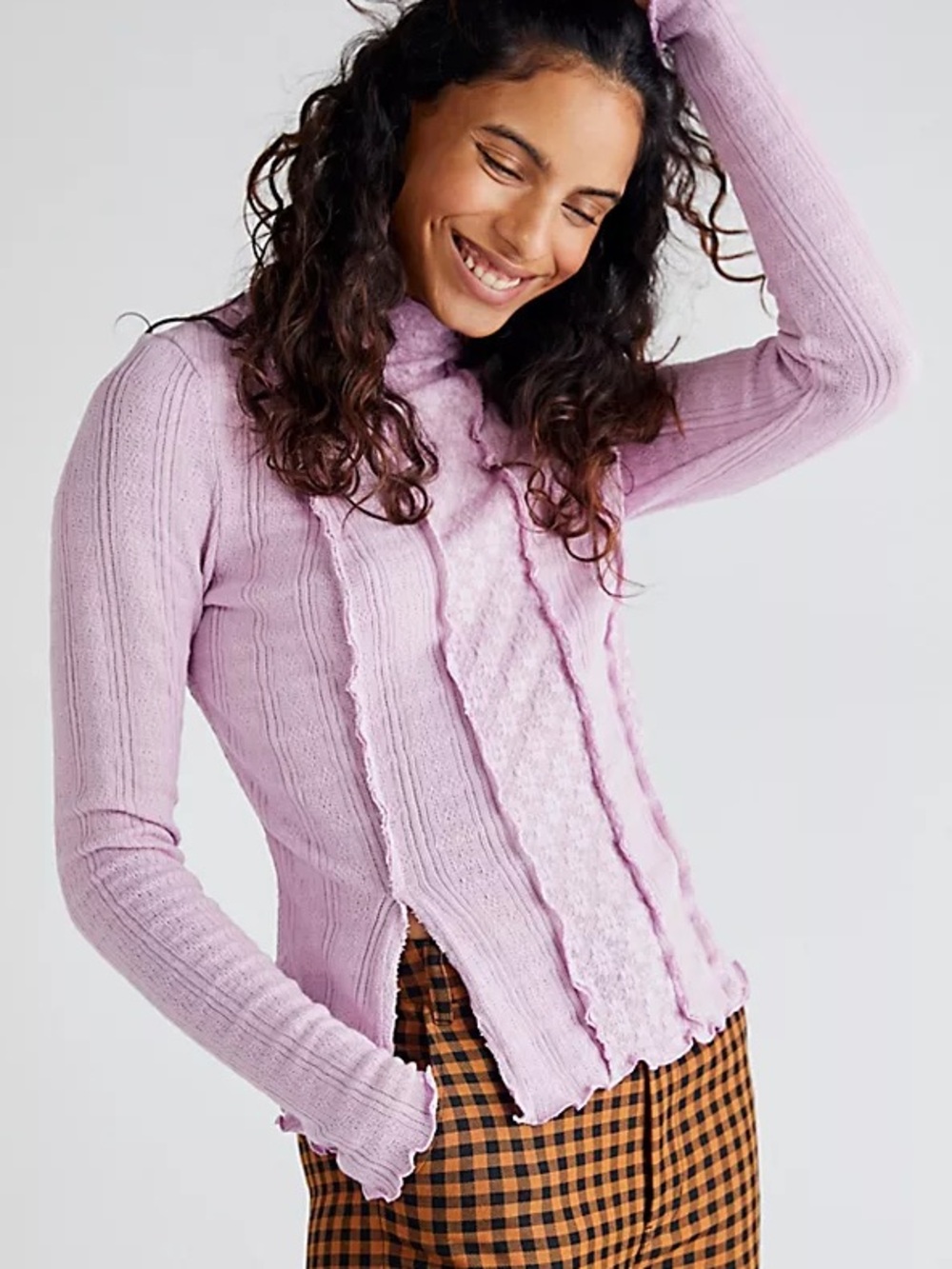 Free People Lula Mock Neck Long Sleeve Top Orchid Lilac Textured Boho Floral S